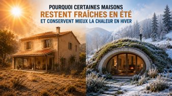 Comparaison entre une maison traditionnelle exposée à une forte chaleur estivale et un GreenPod semi-enterré qui conserve une température confortable grâce à son inertie thermique et à sa conception bioclimatique.