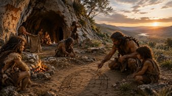 Des hommes préhistoriques réunis devant une grotte dessinent le plan d'un habitat dans le sol, illustrant les premières formes d'architecture et la découverte de l'inertie thermique des grottes.