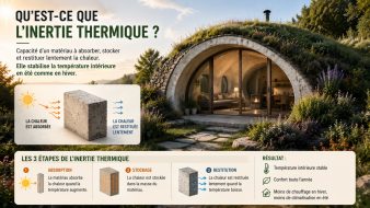 Infographie expliquant le principe de l'inertie thermique dans un bâtiment. Un matériau massif absorbe, stocke puis restitue lentement la chaleur afin de stabiliser la température intérieure été comme hiver.