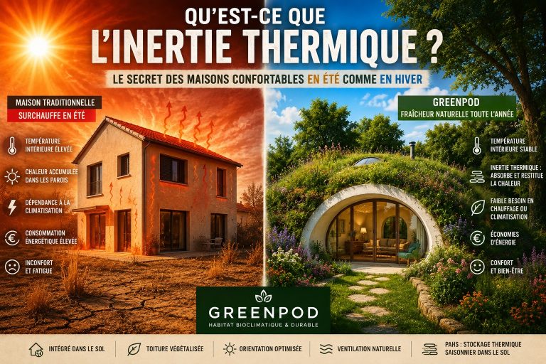 Comparaison entre une maison traditionnelle qui surchauffe en été et un GreenPod semi-enterré utilisant l'inertie thermique pour maintenir une température intérieure stable toute l'année.