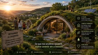 Maison GreenPod semi-enterrée intégrée dans la nature, illustrant le retour de l'architecture bioclimatique, de l'inertie thermique et des principes de construction inspirés des savoirs ancestraux.