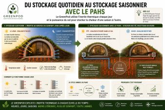 Infographie expliquant la différence entre le stockage thermique quotidien grâce à l'inertie des matériaux et le stockage saisonnier de la chaleur avec le système PAHS (Passive Annual Heat Storage) utilisé dans le concept GreenPod.