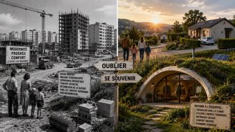 Illustration comparant l'urbanisation du XXᵉ siècle et le retour aux habitats bioclimatiques. À gauche, la construction standardisée en béton ; à droite, une maison semi-enterrée GreenPod inspirée des principes de l'inertie thermique.
