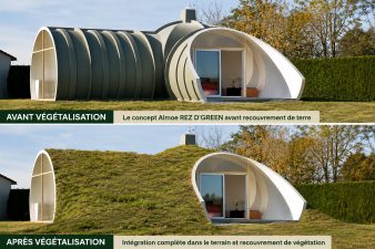 Concept Almoe REZ D'GREEN montrant la structure d'une maison semi-enterrée avant puis après son recouvrement de terre et de végétation.
