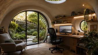 Bureau de télétravail aménagé à l'intérieur d'un GreenPod semi-enterré, avec un grand espace de travail lumineux, une baie vitrée donnant sur le jardin et une architecture organique favorisant le calme et la concentration.