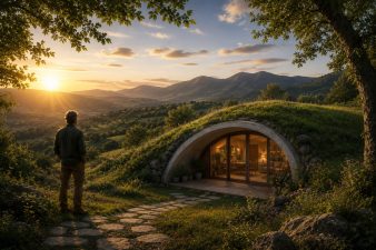 Maison semi-enterrée GreenPod parfaitement intégrée au paysage naturel, illustrant une architecture inspirée du relief et de la nature.