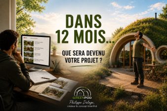 Illustration comparant deux choix : continuer à regarder des vidéos sur les maisons semi-enterrées ou construire concrètement son propre GreenPod grâce à une méthode de construction étape par étape.
