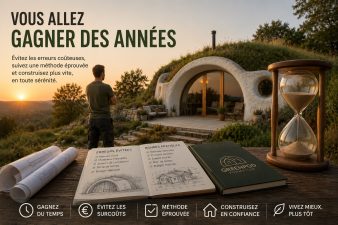 Maison GreenPod semi-enterrée avec plans, sablier et formation illustrant le gain de temps, l'expérience et les années économisées grâce à une méthode de construction éprouvée.
