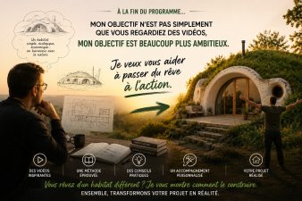 Illustration montrant le passage du rêve à l'action grâce à la formation GreenPod, depuis les premières idées et les plans jusqu'à la réalisation d'une maison semi-enterrée bioclimatique.