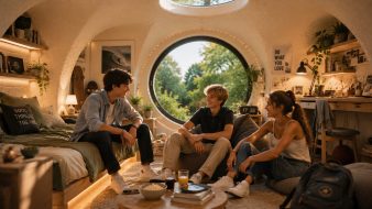 Trois adolescents discutent et passent un moment convivial dans une chambre aménagée à l'intérieur d'un GreenPod semi-enterré, avec un intérieur moderne, lumineux et chaleureux.