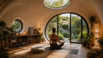 Personne pratiquant le yoga dans un GreenPod semi-enterré baigné de lumière naturelle, avec une architecture organique, une vue sur le jardin et une ambiance propice à la détente et à la méditation.