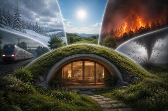 Maison semi-enterrée GreenPod protégée par la terre, illustrant sa résilience face au froid, à la chaleur, au bruit, aux incendies et aux tornades.