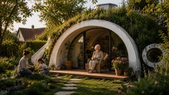 Parent âgé installé dans un GreenPod semi-enterré au fond d'un jardin, profitant de son autonomie tout en restant à proximité de sa famille et de ses petits-enfants.
