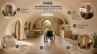 Illustration d'un GreenPod conçu pour les personnes à mobilité réduite, avec circulation de plain-pied, portes larges, cuisine adaptée, salle de bain accessible et espaces facilitant les déplacements en fauteuil roulant.