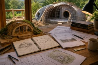 Maquette, plans et chantier d’un GreenPod semi-enterré illustrant les étapes d’un projet d’autoconstruction