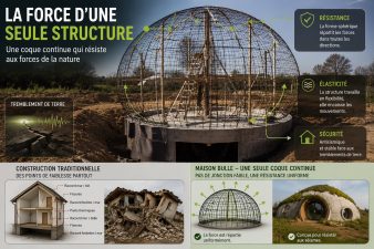 Infographie expliquant les avantages structurels d'une maison bulle en béton projeté, comparée à une construction traditionnelle, notamment sa résistance aux séismes grâce à une coque continue.