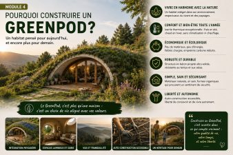 Infographie présentant les principaux avantages du concept GreenPod : habitat semi-enterré, bioclimatique, écologique, économique, robuste et intégré à la nature.
