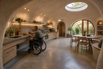 Intérieur d'un GreenPod adapté aux personnes à mobilité réduite avec cuisine ergonomique, plans de travail à hauteur de fauteuil roulant, espace de circulation fluide et coin repas accessible.