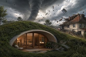 Maison semi-enterrée GreenPod protégée par une toiture végétalisée tandis qu'une tornade détruit une maison traditionnelle à proximité.
