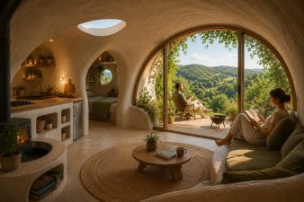 Intérieur d’un petit GreenPod lumineux et confortable ouvert sur la nature