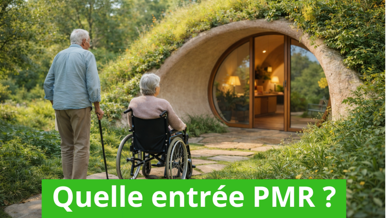 image IA montrant un couple de retraités prêts à entrer dans leur maison adaptée PMR ou personne à mobilité réduite