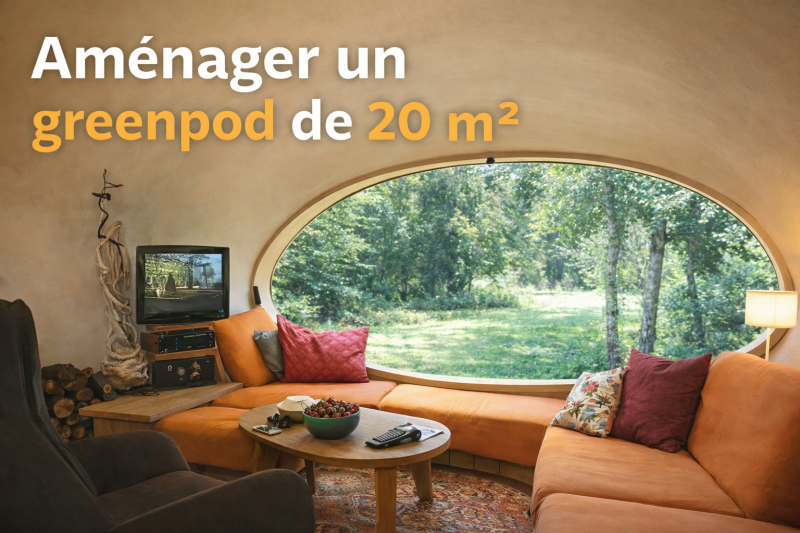 Salon d'une maison GreenPod de 20 m² avec canapé sous une grande baie vitrée elliptique donnant sur la nature.