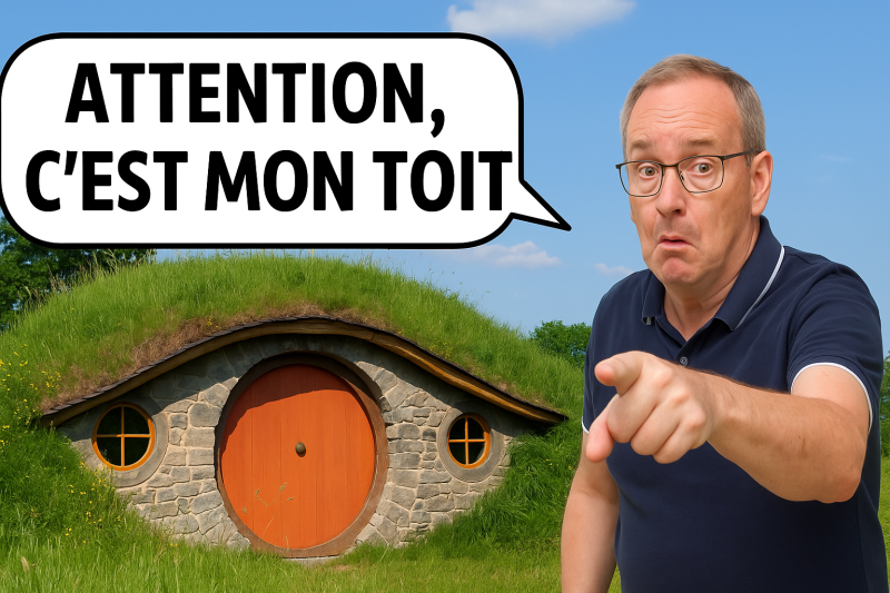 l'image présente une maison style de hobbit en fond avec un homme devant qui déclare "attention c'est mon toit"