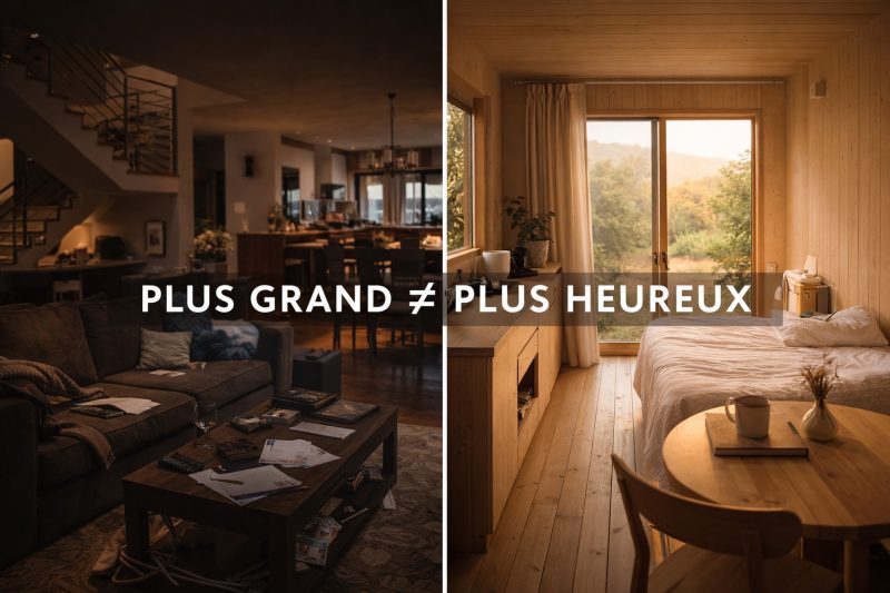comparaison entre intérieur encombré d’une grande maison et intérieur minimaliste d’une petite maison