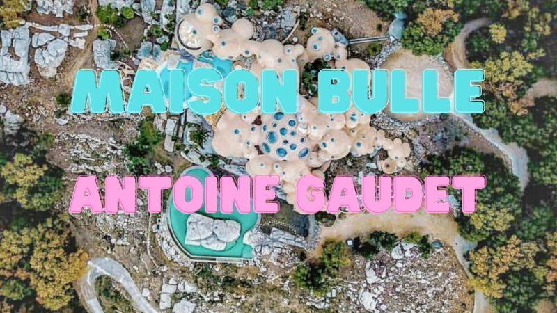 photo vue aérienne de la maison bulle d'Antoine Gaudet à Tourrettes-sur-Loup. On y voit une multitude de skydomes ou puits de lumière de différentes dimensions, des bulles partout, des rochers, de la végétation et deux piscines, dont l'une construite autour d'un immense rocher, miniature youtube