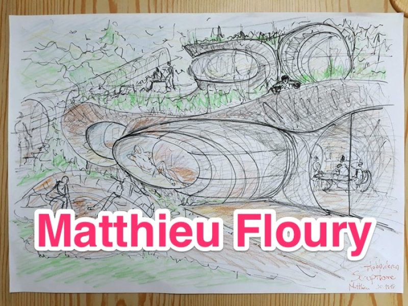 dessin de Matthieu Floury, de la maison bulle de Montgivray, intégrée dans la nature, avec un tunnel baie suspendu