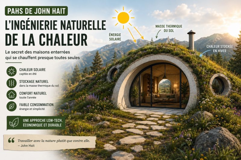 Maison enterrée végétalisée inspirée du PAHS de John Hait utilisant la masse thermique du sol pour chauffer naturellement l’habitat