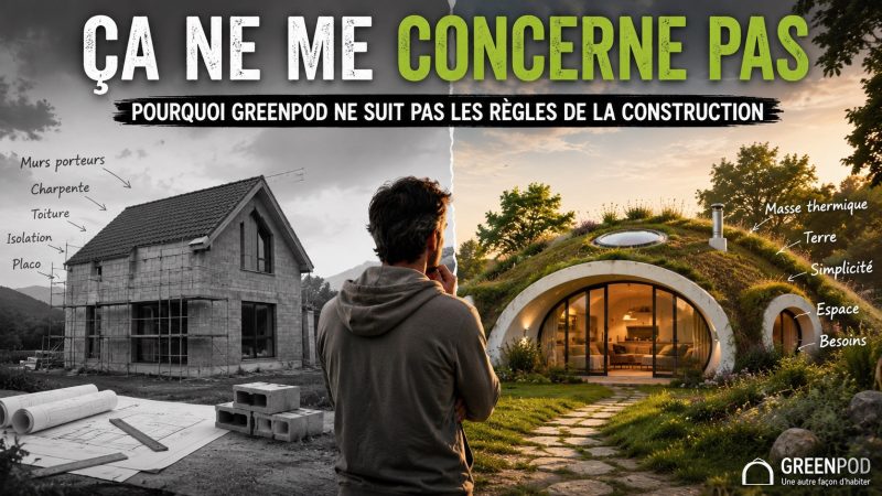 Comparaison entre une maison traditionnelle en construction et une maison GreenPod semi-enterrée